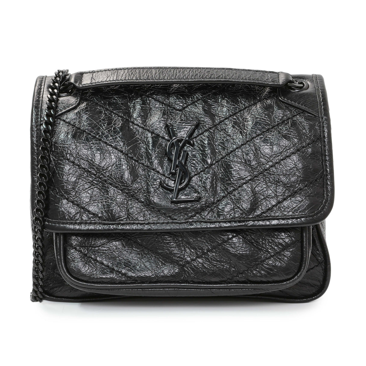 Saint Laurent Black Crinkled Calfskin Matelasse Monogram Baby Niki Chain Satchel Handbags Saint Laurent