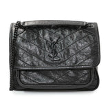 Saint Laurent Black Crinkled Calfskin Matelasse Monogram Baby Niki Chain Satchel Handbags Saint Laurent