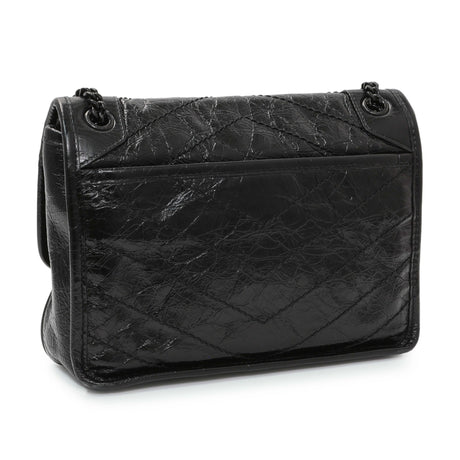 Saint Laurent Black Crinkled Calfskin Matelasse Monogram Baby Niki Chain Satchel