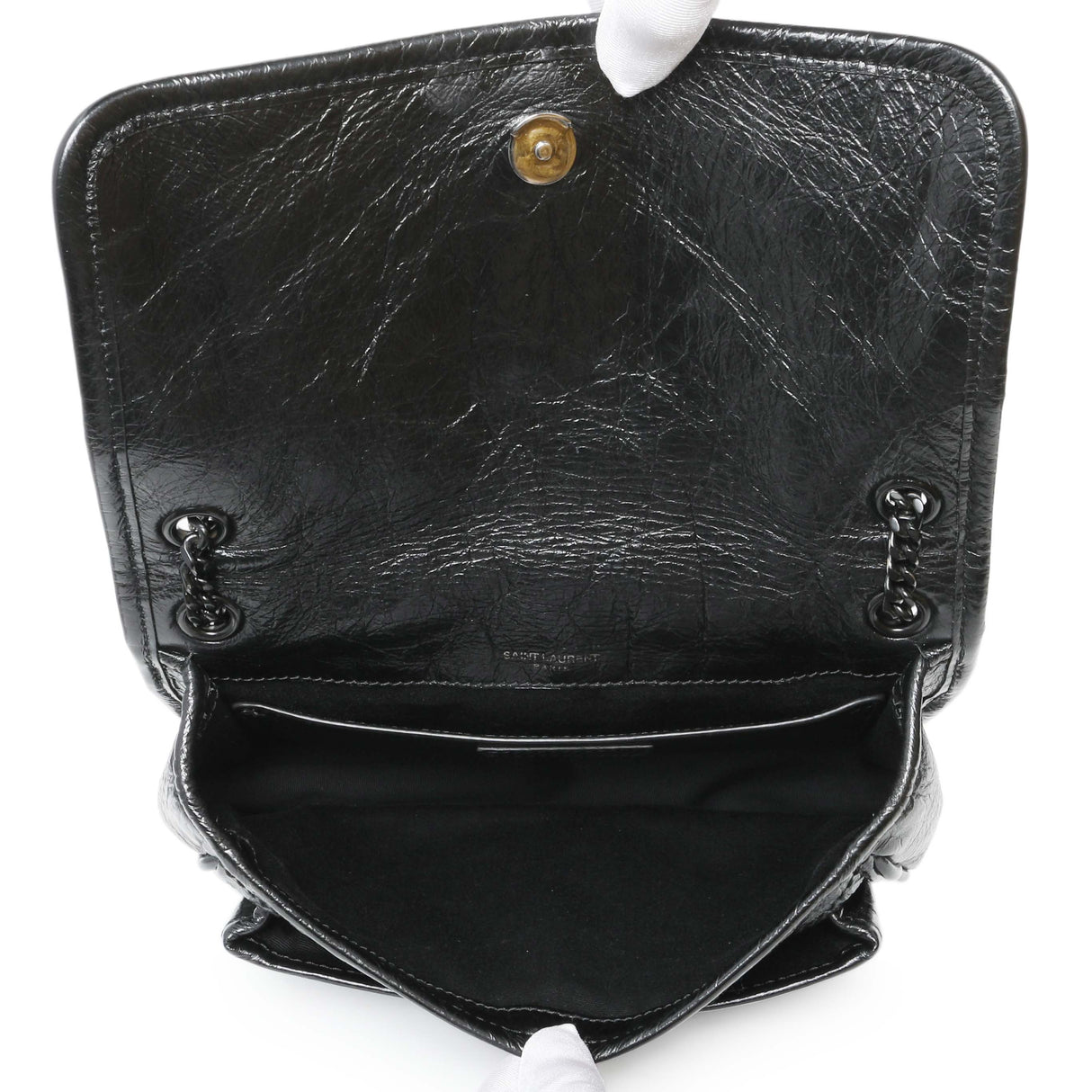 Saint Laurent Black Crinkled Calfskin Matelasse Monogram Baby Niki Chain Satchel Handbags Saint Laurent
