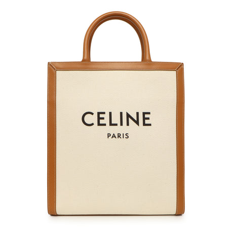 Celine Natural Tan Canvas Calfskin Logo Print Small Vertical Cabas