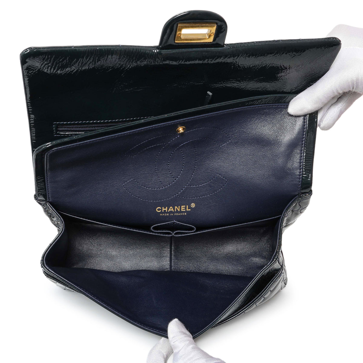 Chanel Navy Crackled Patent Puzzle Reissue 2.55 Double Flap 226 Handbags Chanel