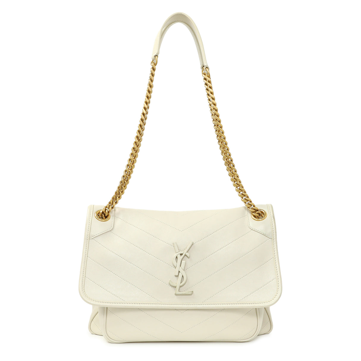 Saint Laurent White Lambskin Matelasse Monogram Medium Niki Chain Satchel