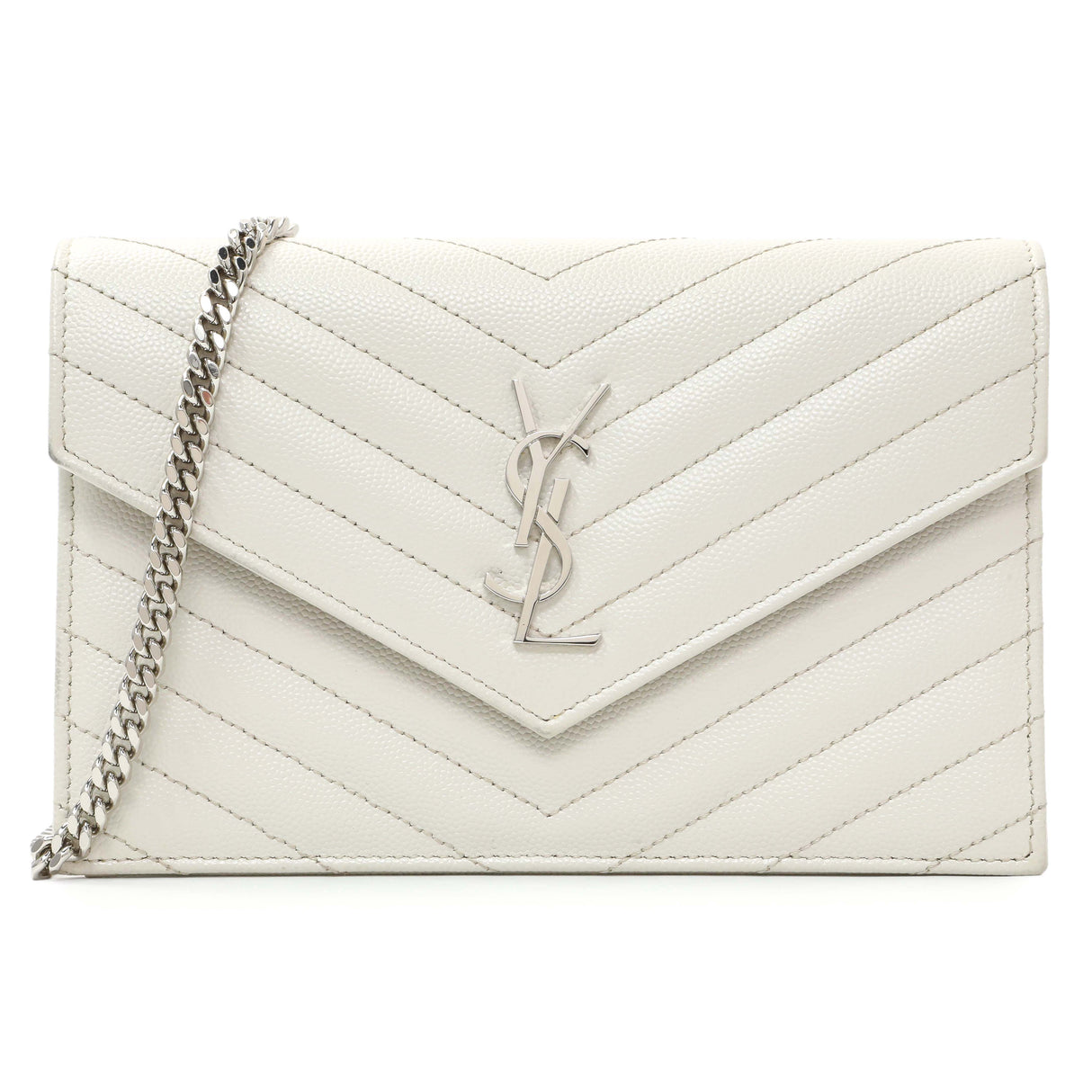 Saint Laurent White Grain De Poudre Matelasse Chevron Monogram Envelope Chain Wallet Handbags Saint Laurent