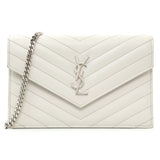 Saint Laurent White Grain De Poudre Matelasse Chevron Monogram Envelope Chain Wallet Handbags Saint Laurent
