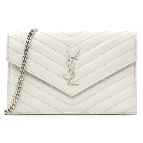 Saint Laurent White Grain De Poudre Matelasse Chevron Monogram Envelope Chain Wallet Handbags Saint Laurent