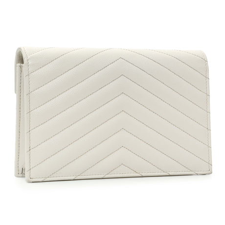Saint Laurent White Grain De Poudre Matelasse Chevron Monogram Envelope Chain Wallet Handbags Saint Laurent