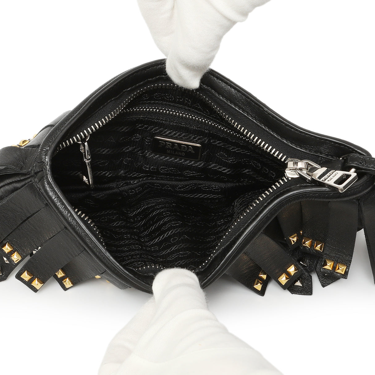 Prada Black Nappa Studded Fringe Wristlet Clutch