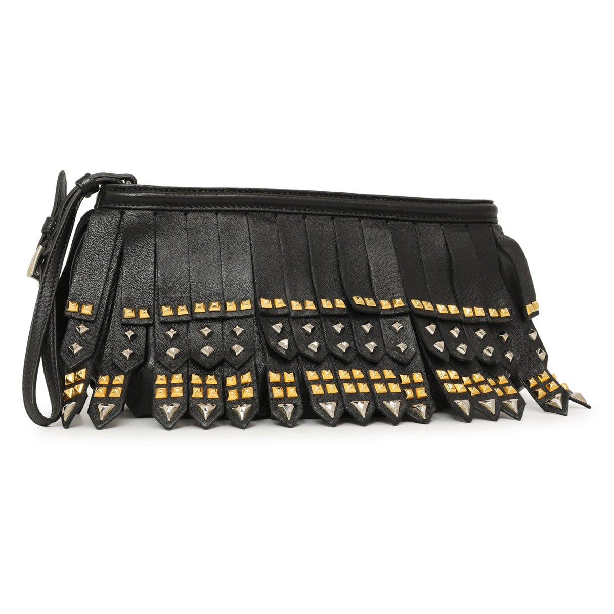 Prada Black Nappa Studded Fringe Wristlet Clutch