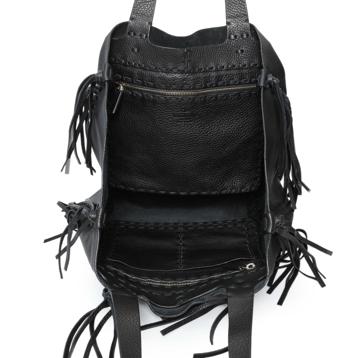 Valentino Black Grained Calfskin C-Rockee Fringe Tote Handbags Valentino