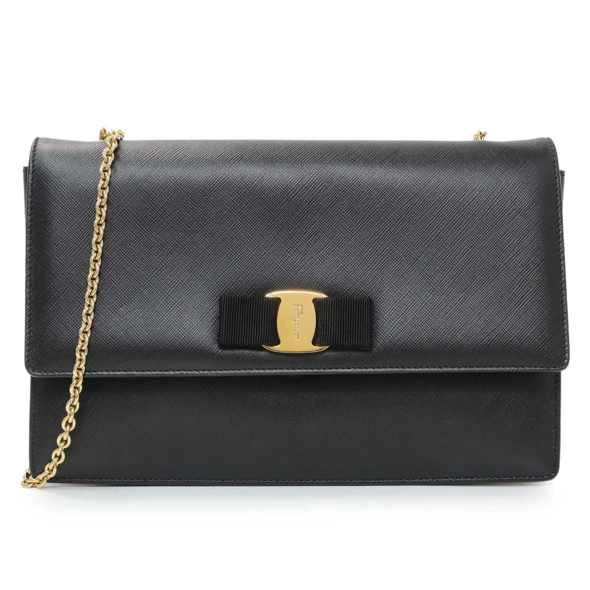 Salvatore Ferragamo Black Calfskin Vara Bow Chain Flap Crossbody Handbags Salvatore Ferragamo