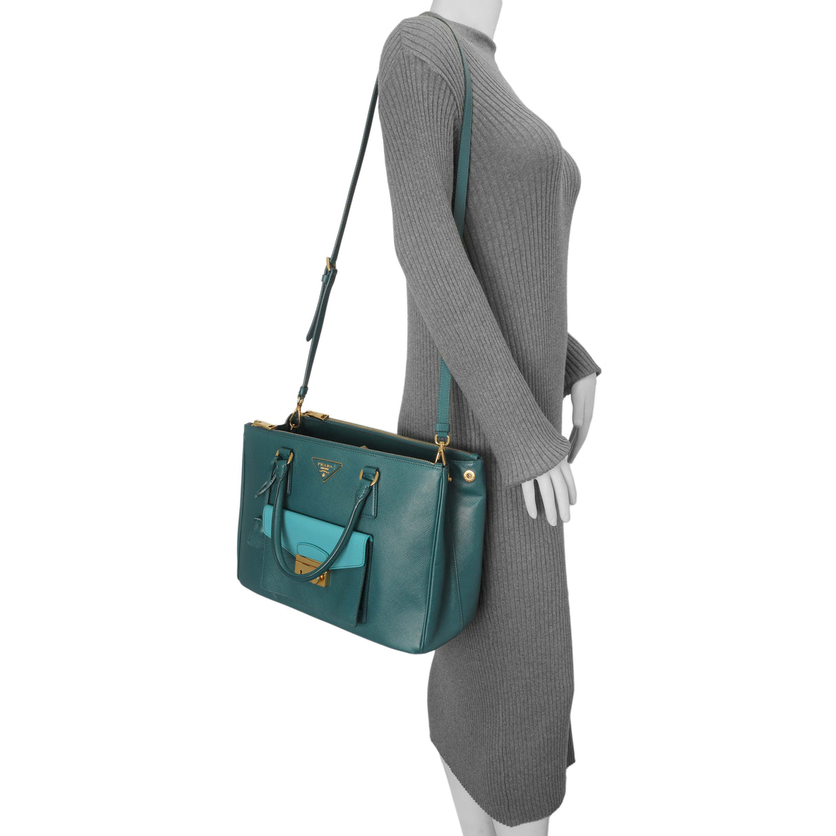 Prada Teal Saffiano Lux Galleria Front Pocket Tote