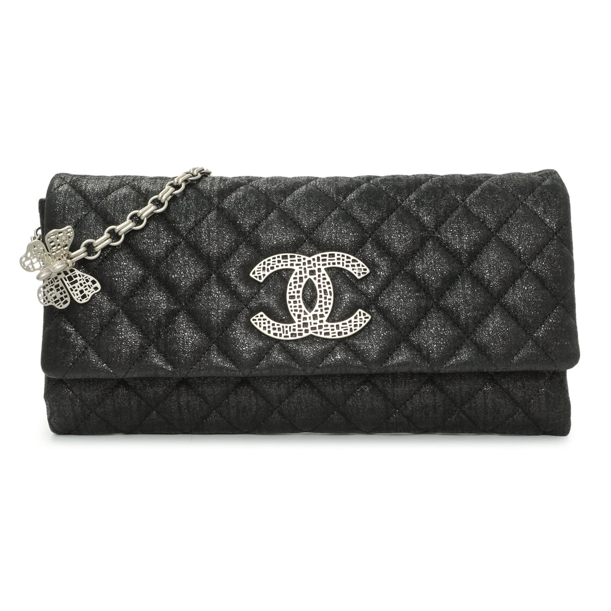 -6 items Fri Oct. 2 ⬆️- Chanel Glitter Fabric Quilted Flap Clutch With Butterfly Chain Black Handbags Chanel