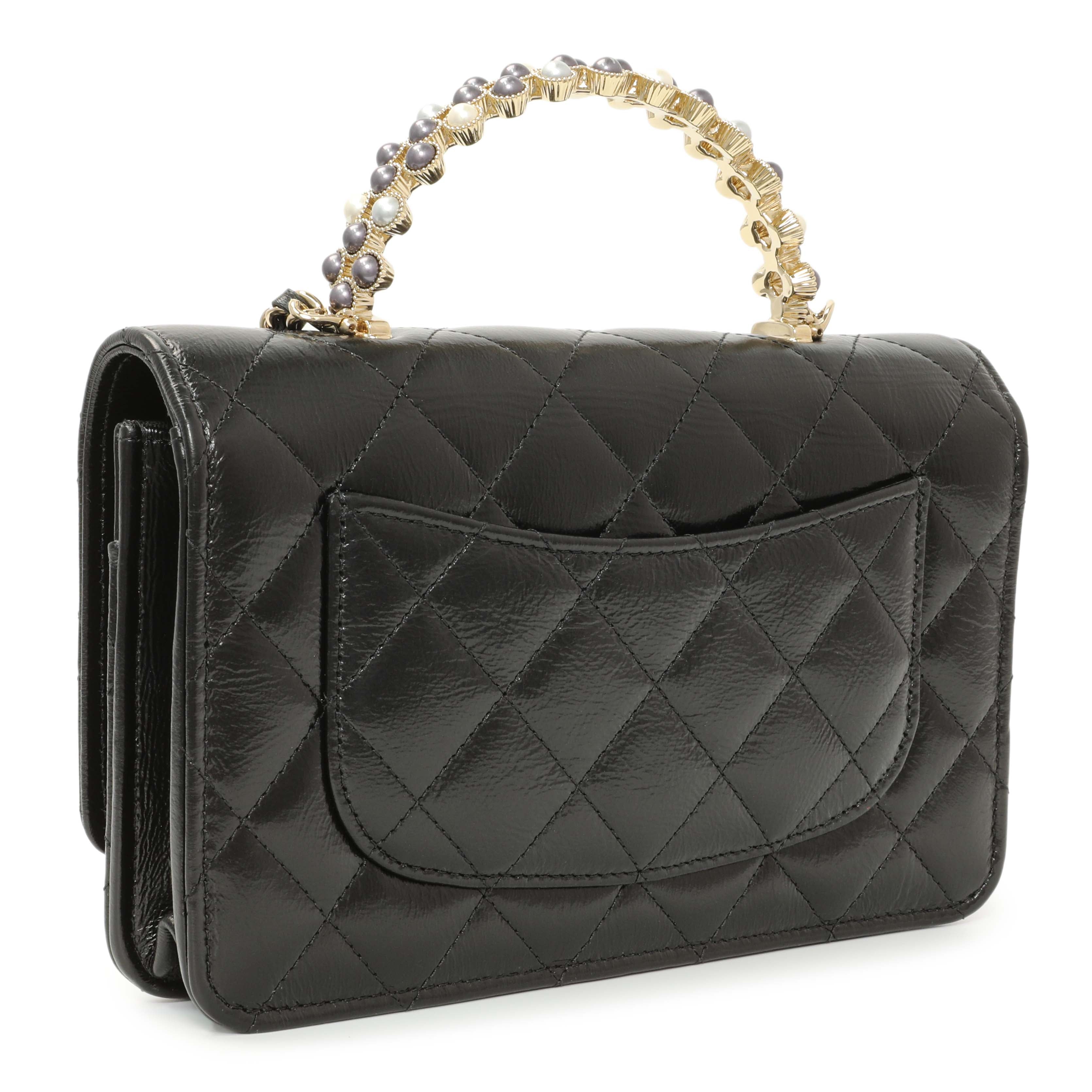 Chanel Black Quilted Crumpled Lambskin Pearl Top Handle Wallet on