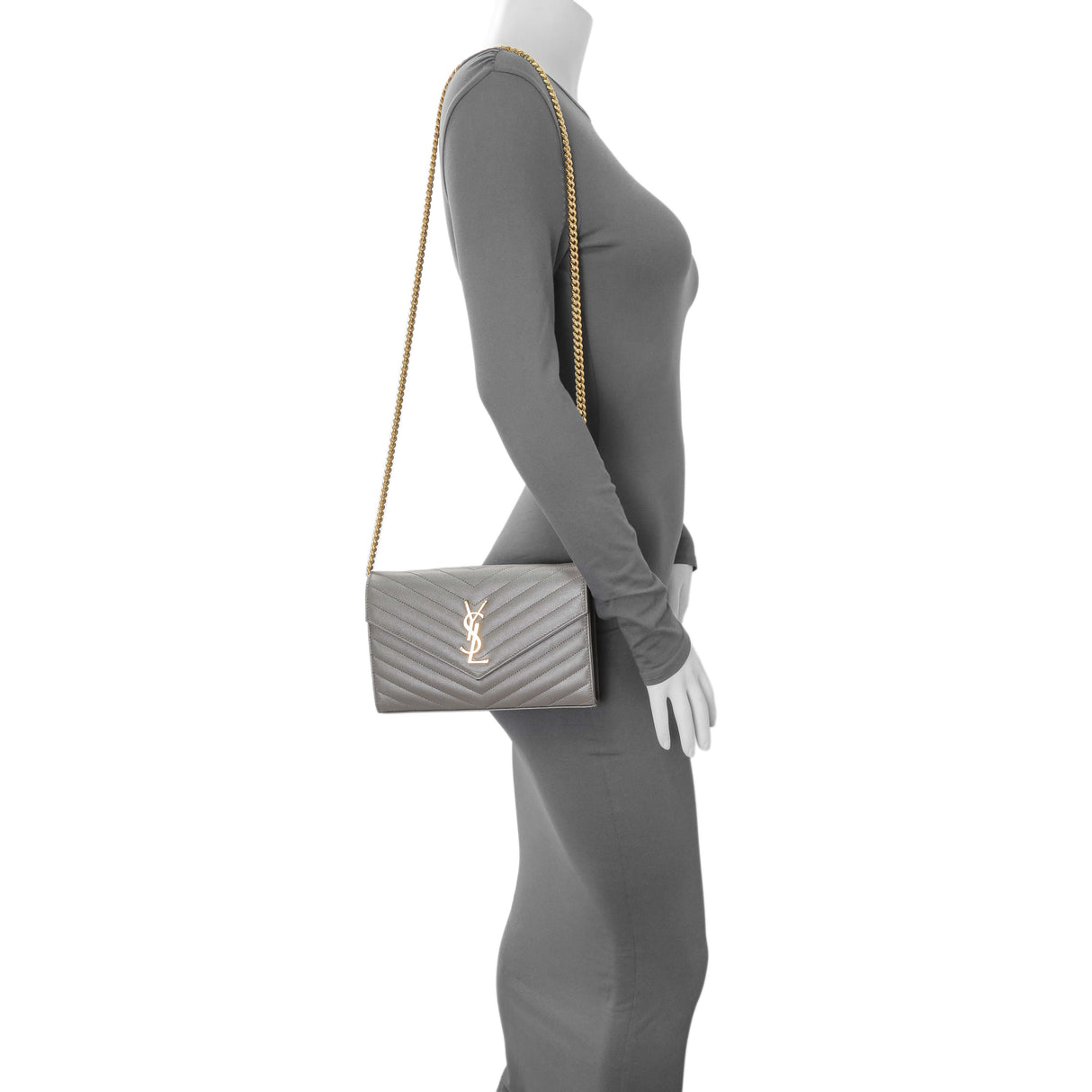 Saint Laurent Grey Grain De Poudre Matelasse Chevron Monogram Chain Wallet Handbags Saint Laurent