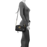 Gucci Black Calfskin Matelasse Small GG Marmont Chain Shoulder Bag Handbags Gucci