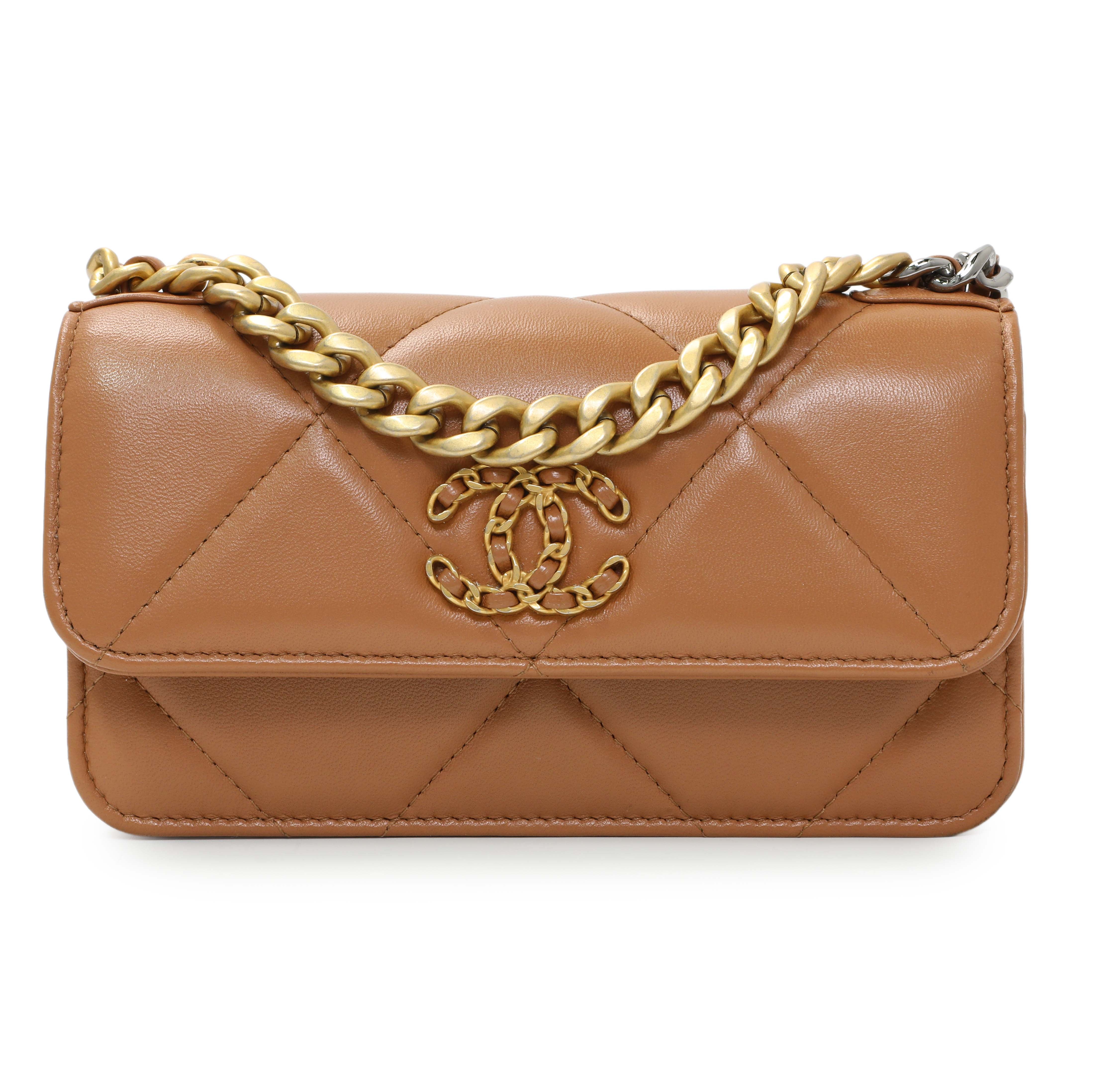 Chanel Brown Lambskin Quilted Chanel 19 Glasses Case With Chain