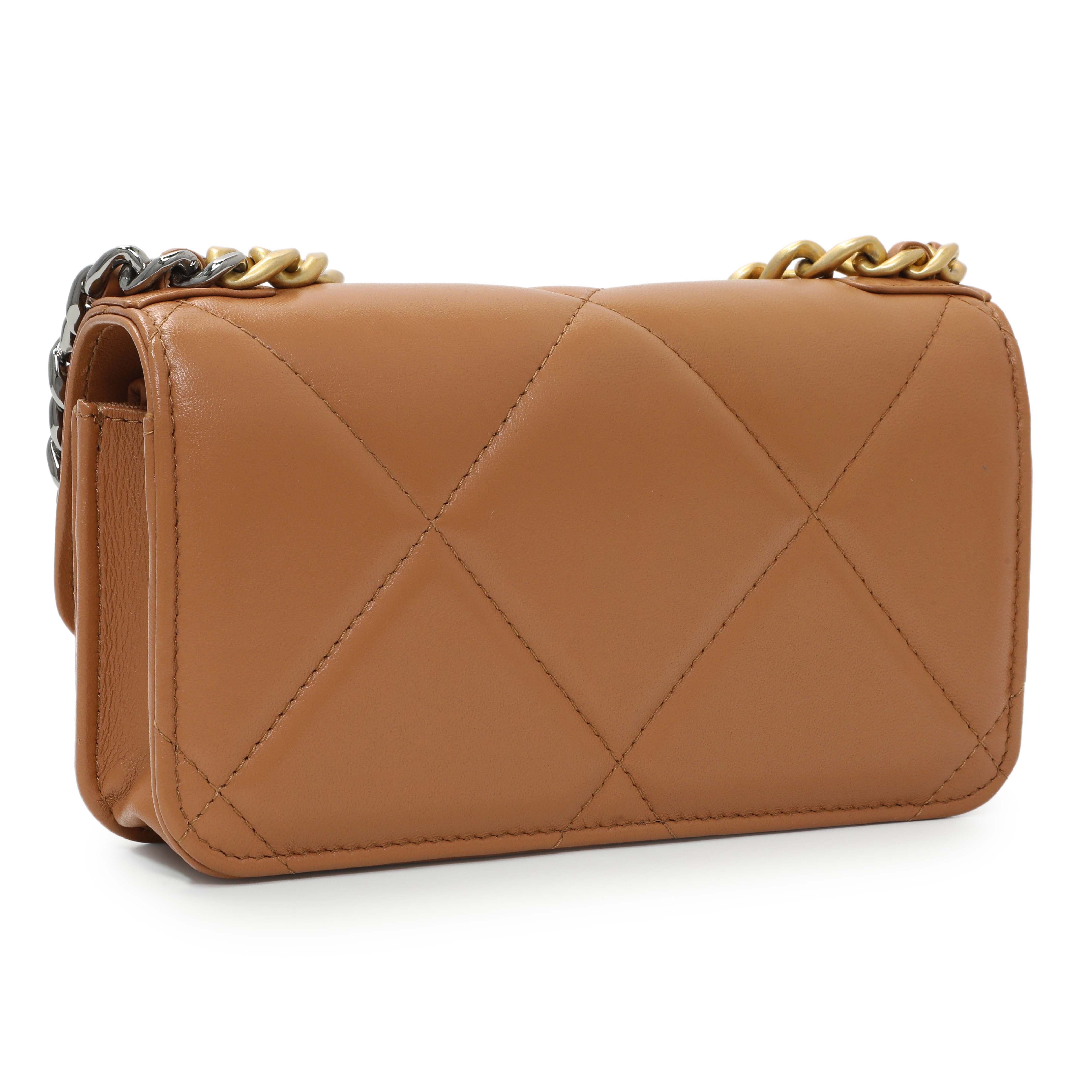 Chanel Brown Lambskin Quilted Chanel 19 Glasses Case With Chain