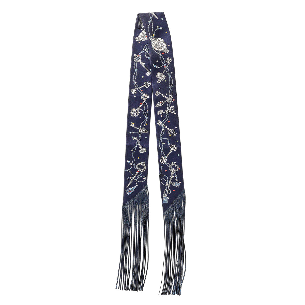 Hermes Bleu Marine Gris Argent Multicolor Silk Metallic Agneau Les Cles A Pois Fringed Twilly Accessories Hermes