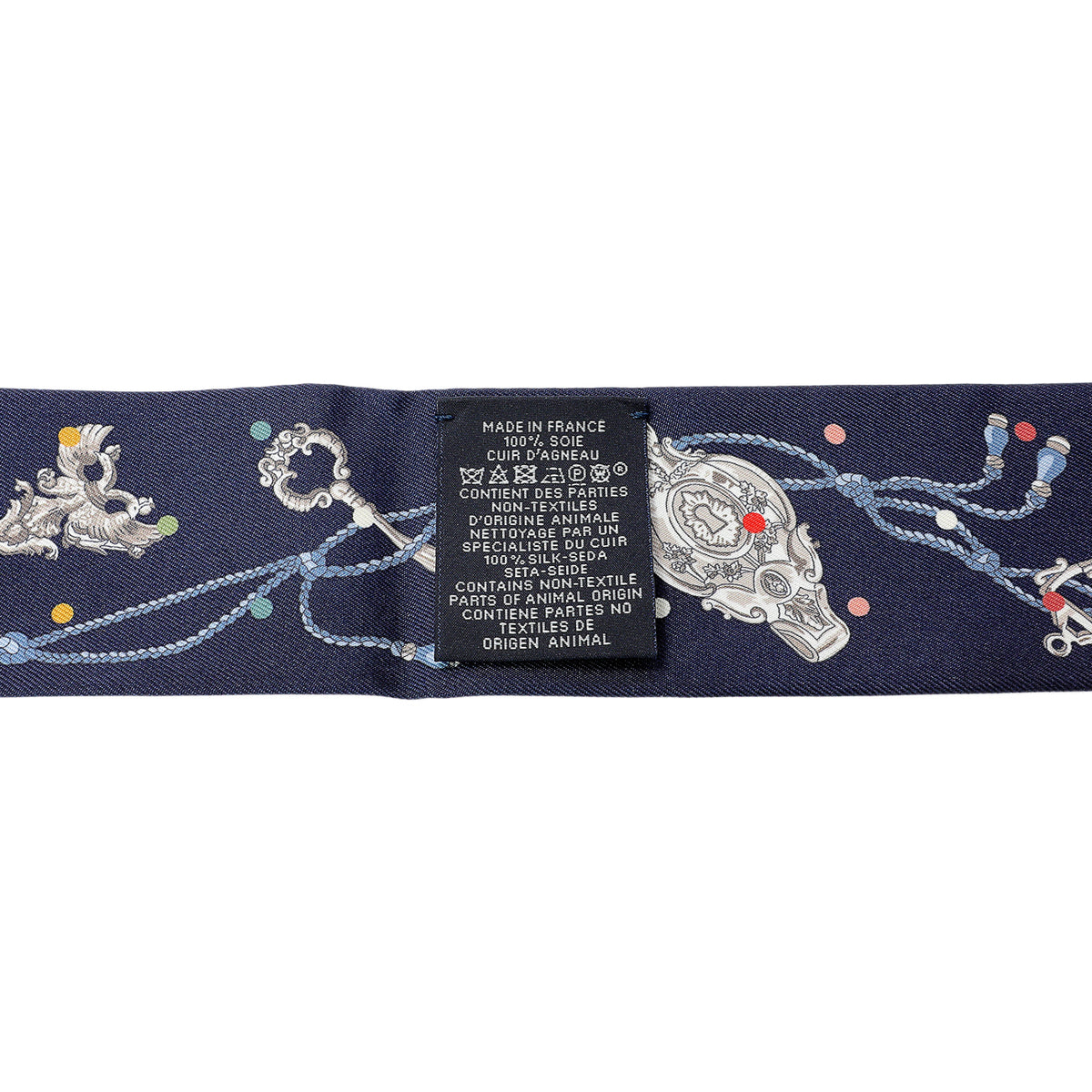 Hermes Bleu Marine Gris Argent Multicolor Silk Metallic Agneau Les Cles A Pois Fringed Twilly Accessories Hermes