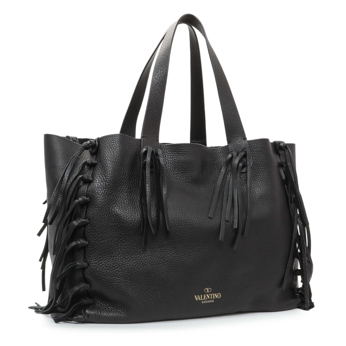 Valentino Black Grained Calfskin C-Rockee Fringe Tote Handbags Valentino