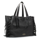 Valentino Black Grained Calfskin C-Rockee Fringe Tote Handbags Valentino