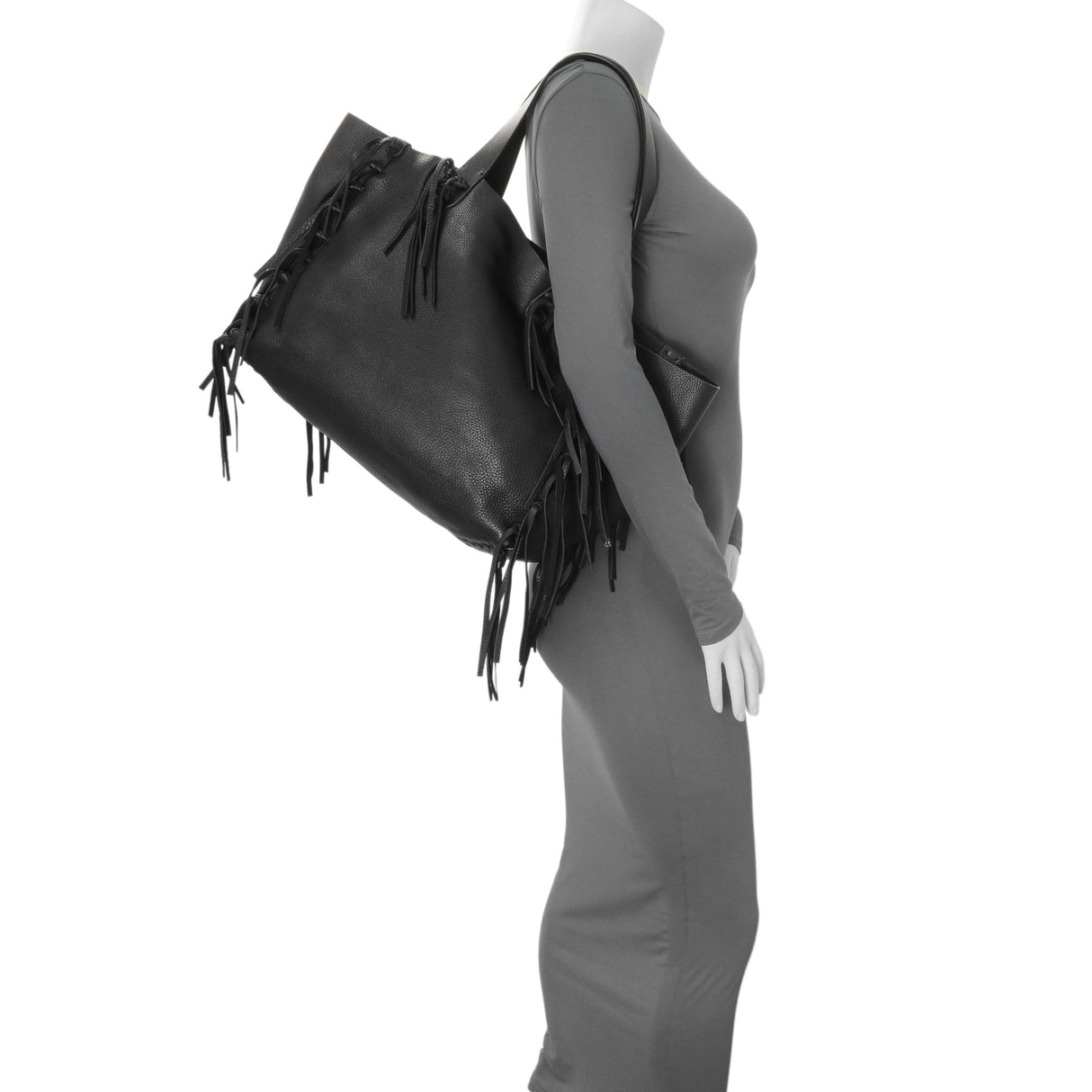 Valentino Black Grained Calfskin C-Rockee Fringe Tote Handbags Valentino