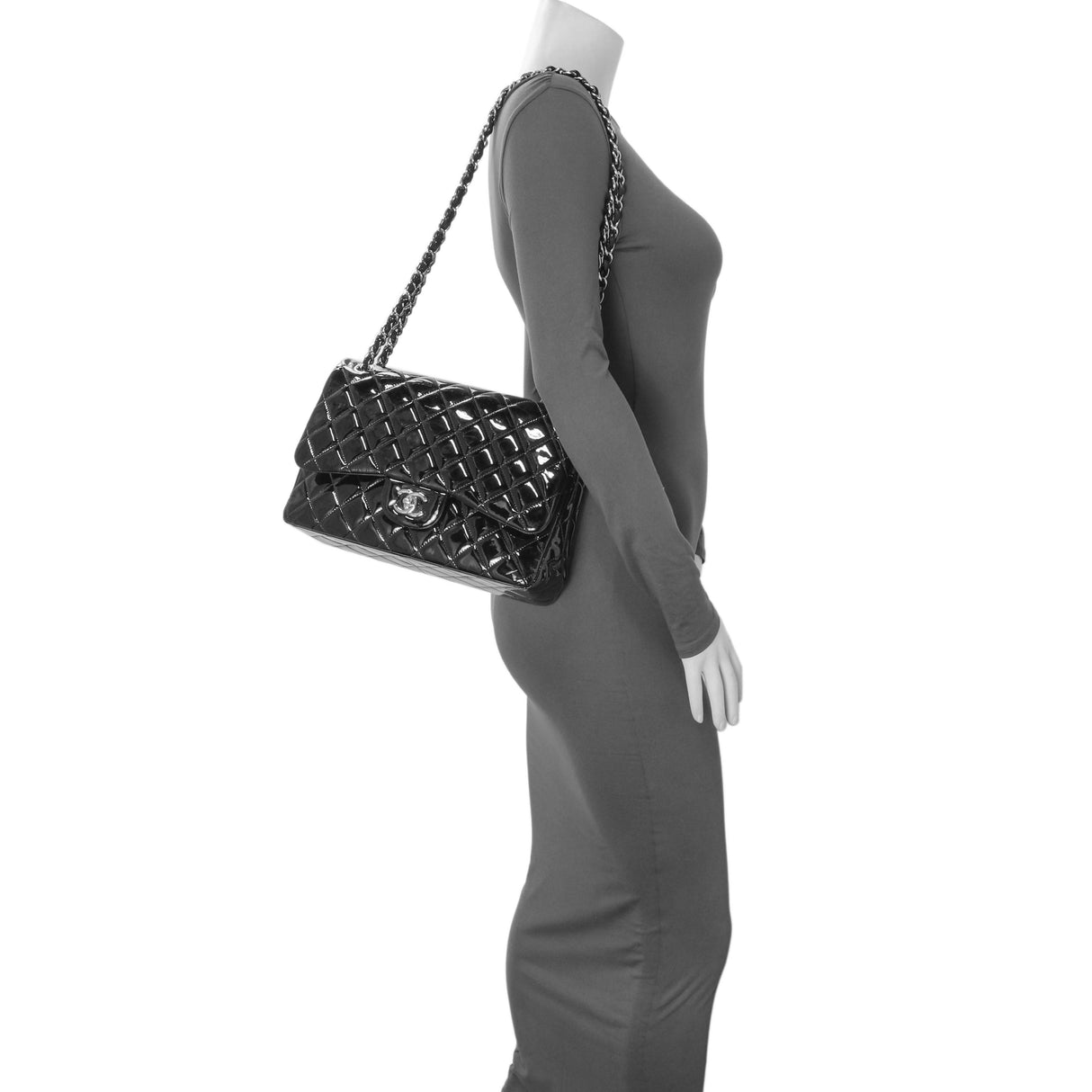Chanel Black Quilted Patent Jumbo Double Flap Handbags Chanel
