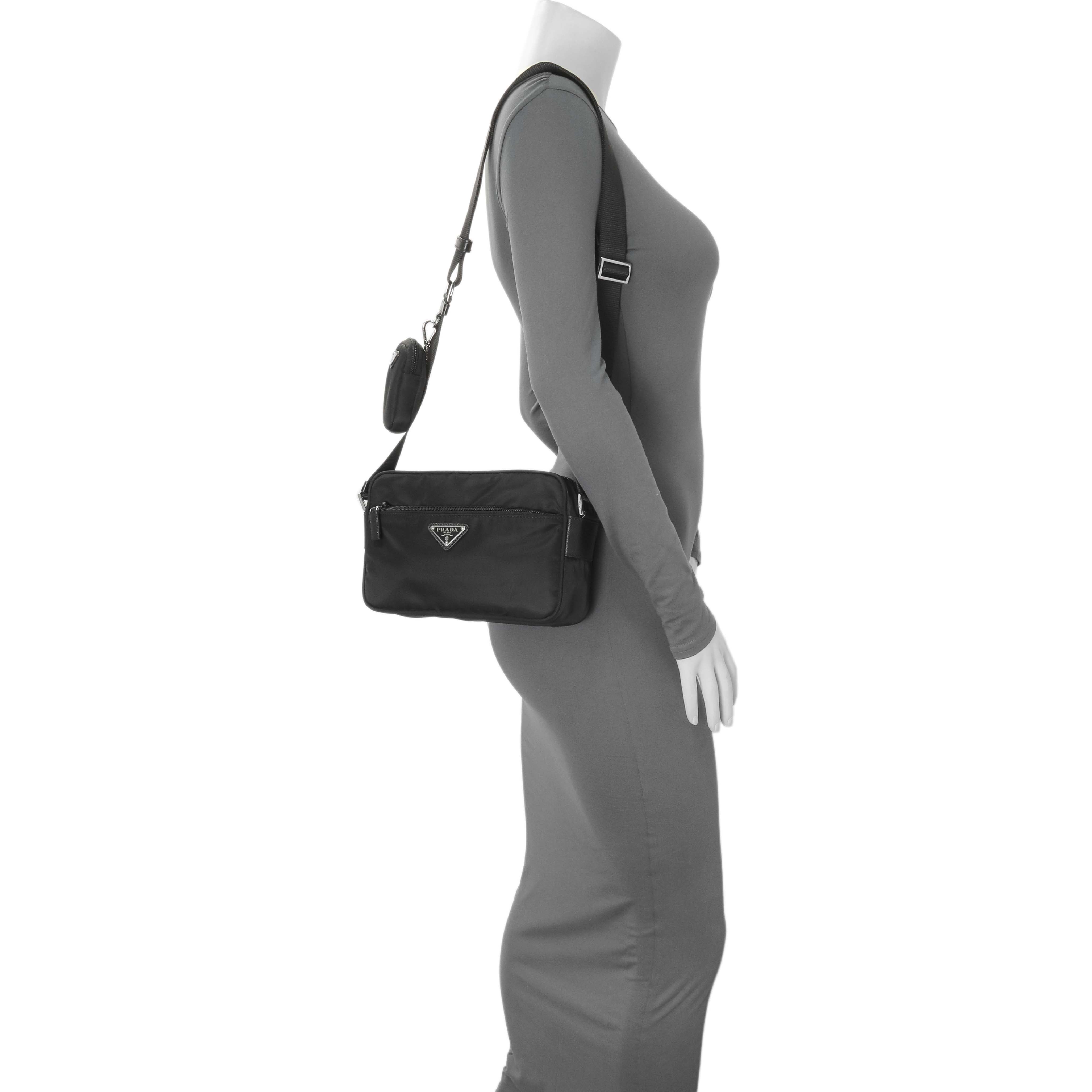 Prada Black Re-Nylon Vela Saffiano Pocket Double Zip Shoulder Bag