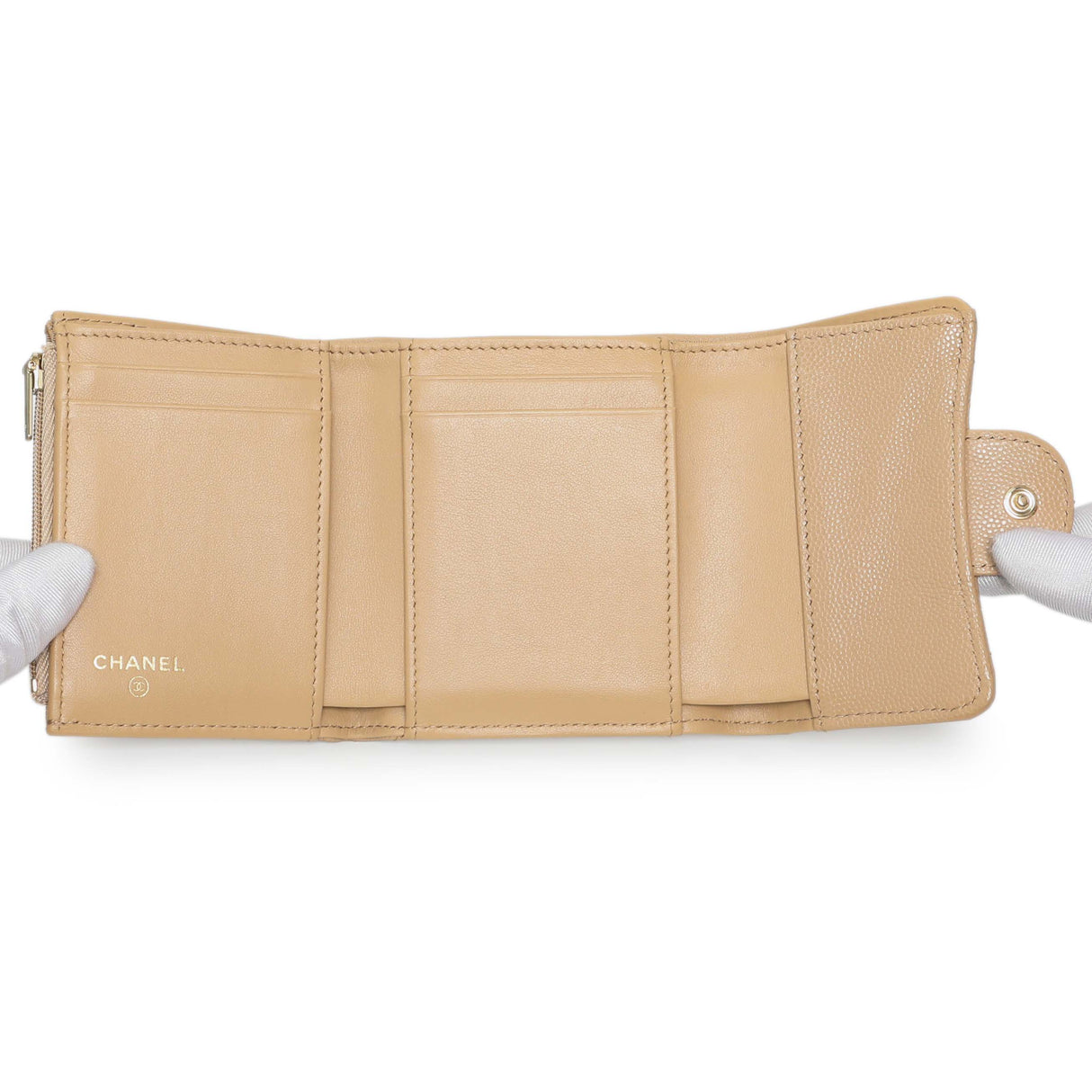 Chanel Beige Quilted Caviar Tri-Fold Wallet Accessories Chanel