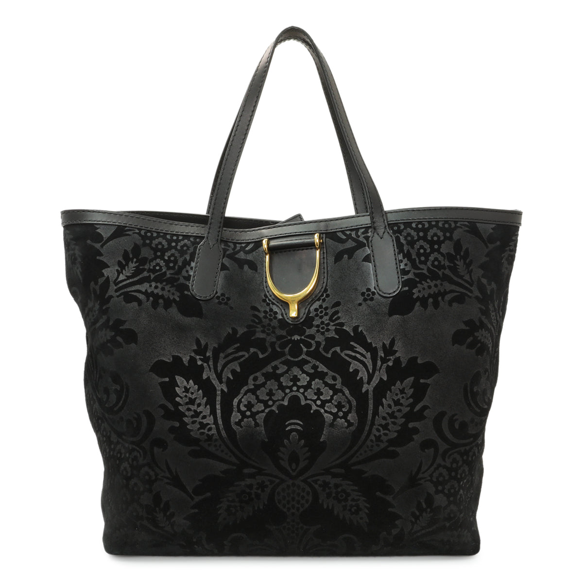 Gucci Black Nubuck Brocade Medium Soft Stirrup Tote Handbags Gucci
