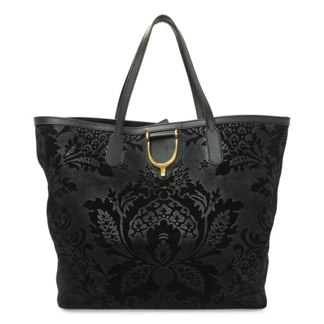 Gucci Black Nubuck Brocade Medium Soft Stirrup Tote Handbags Gucci