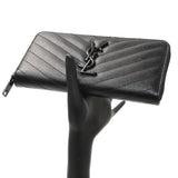 Saint Laurent Black Grain De Poudre Matelasse Chevron Monogram Zip Around Wallet Accessories Saint Laurent