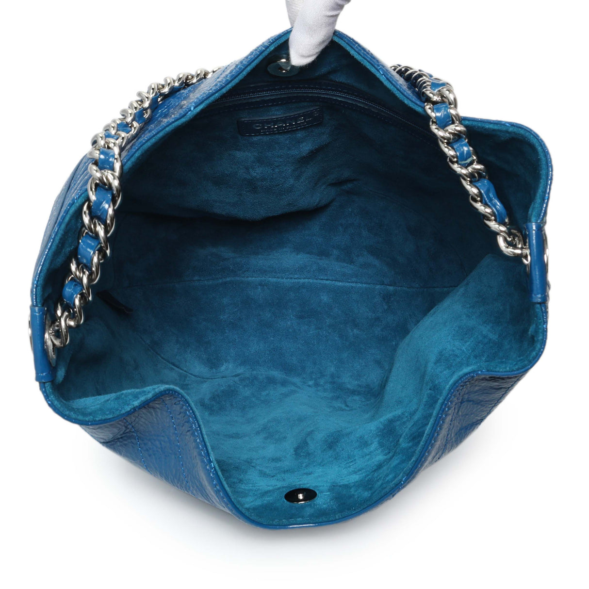 Chanel Blue Crumpled Patent Leather Droplet Hobo Handbags Chanel