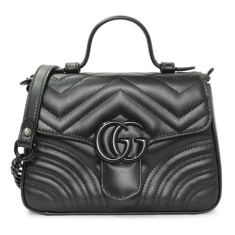 Gucci Black Calfskin Mini GG Marmont Top Handle Shoulder Bag Handbags Gucci