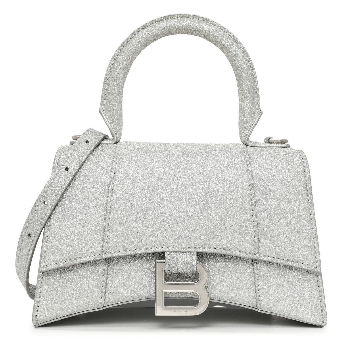 Balenciaga Silver Sparkling Fabric Hourglass Top Handle Bag XS