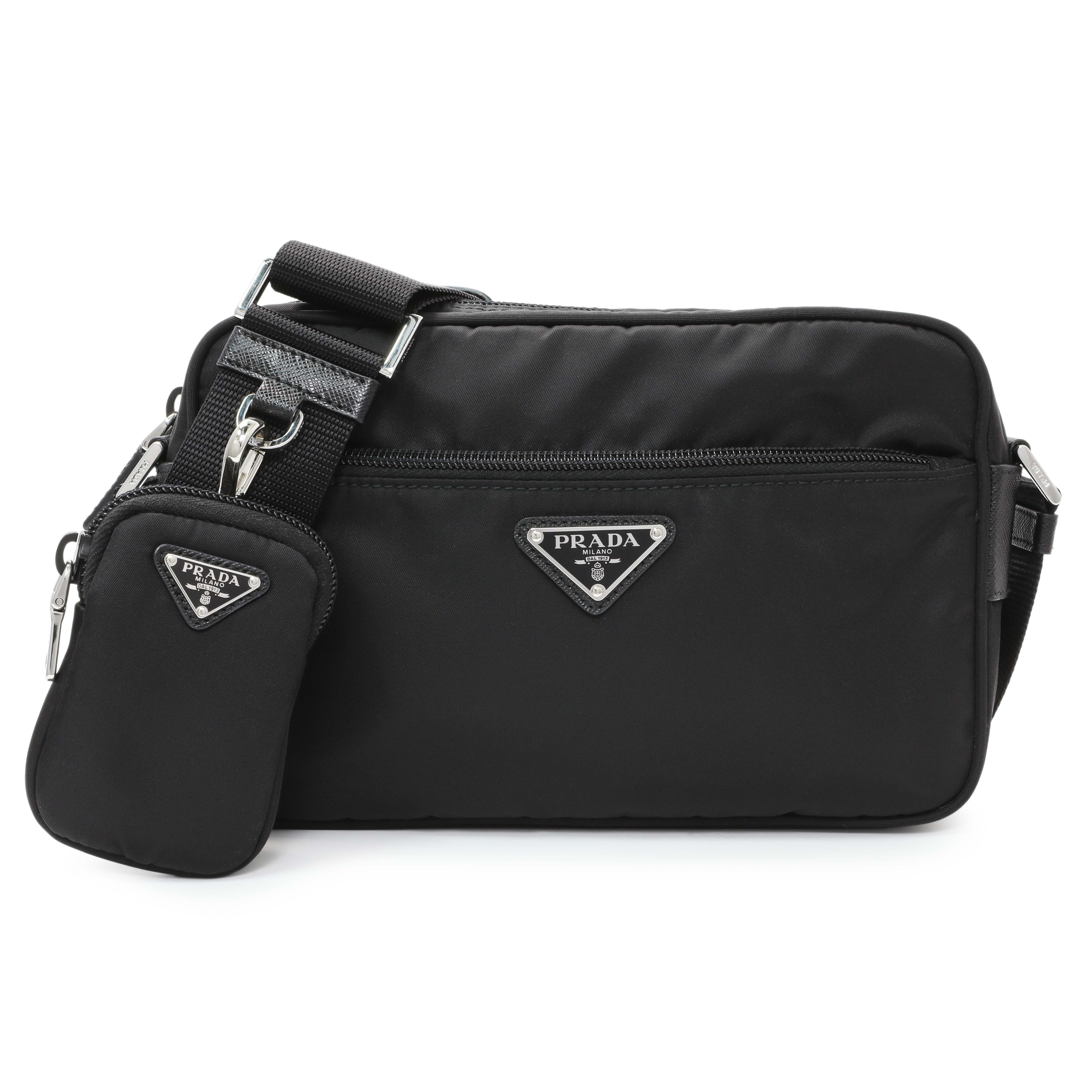 Prada Black Re-Nylon Vela Saffiano Pocket Double Zip Shoulder Bag