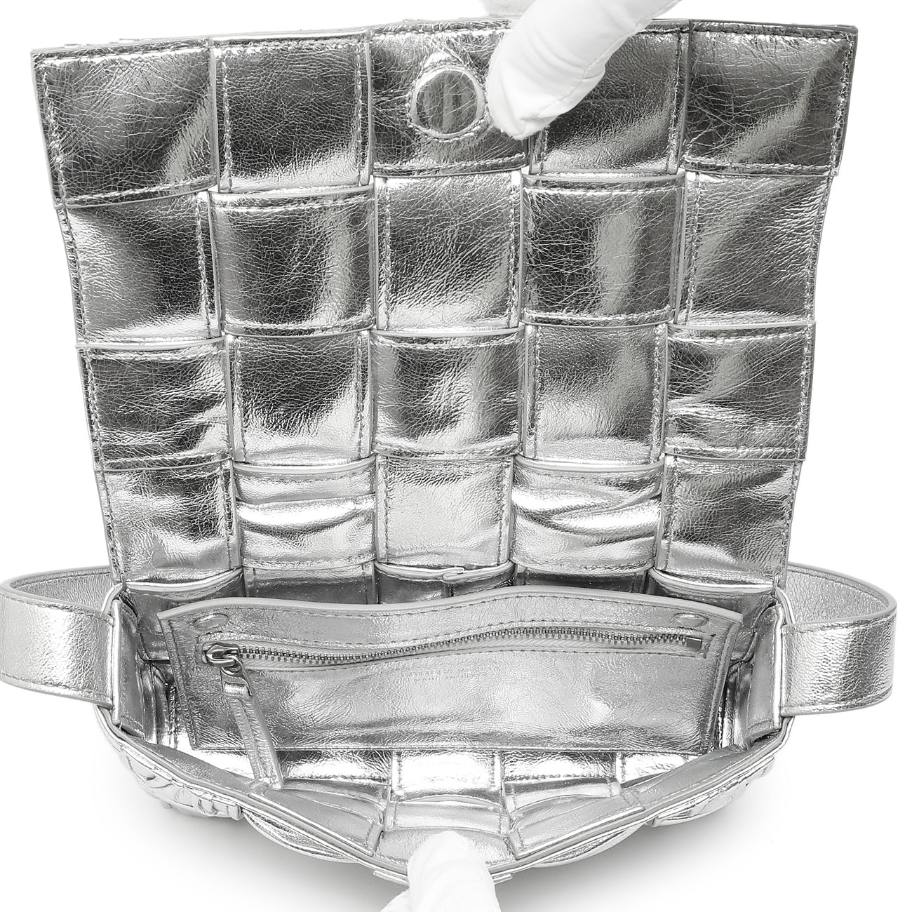 Bottega Veneta Metallic Silver Calfskin Intreccio Plisse Bottega Veneta Metallic Silver Calfskin Intreccio Plisse