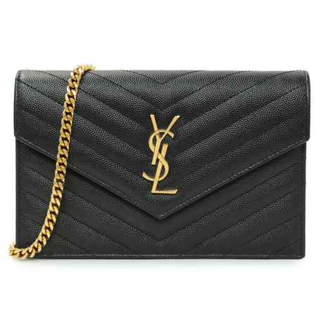 Saint Laurent Black Grain De Poudre Matelasse Chevron Monogram Envelope Chain Wallet Handbags Saint Laurent