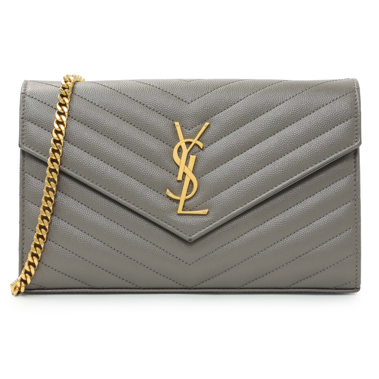 Saint Laurent Grey Grain De Poudre Matelasse Chevron Monogram Chain Wallet