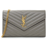 Saint Laurent Grey Grain De Poudre Matelasse Chevron Monogram Chain Wallet