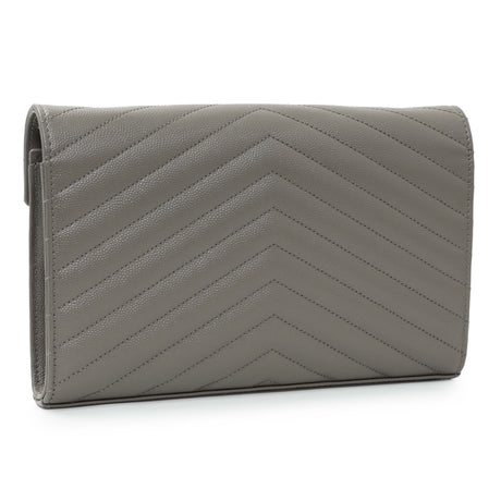 Saint Laurent Grey Grain De Poudre Matelasse Chevron Monogram Chain Wallet