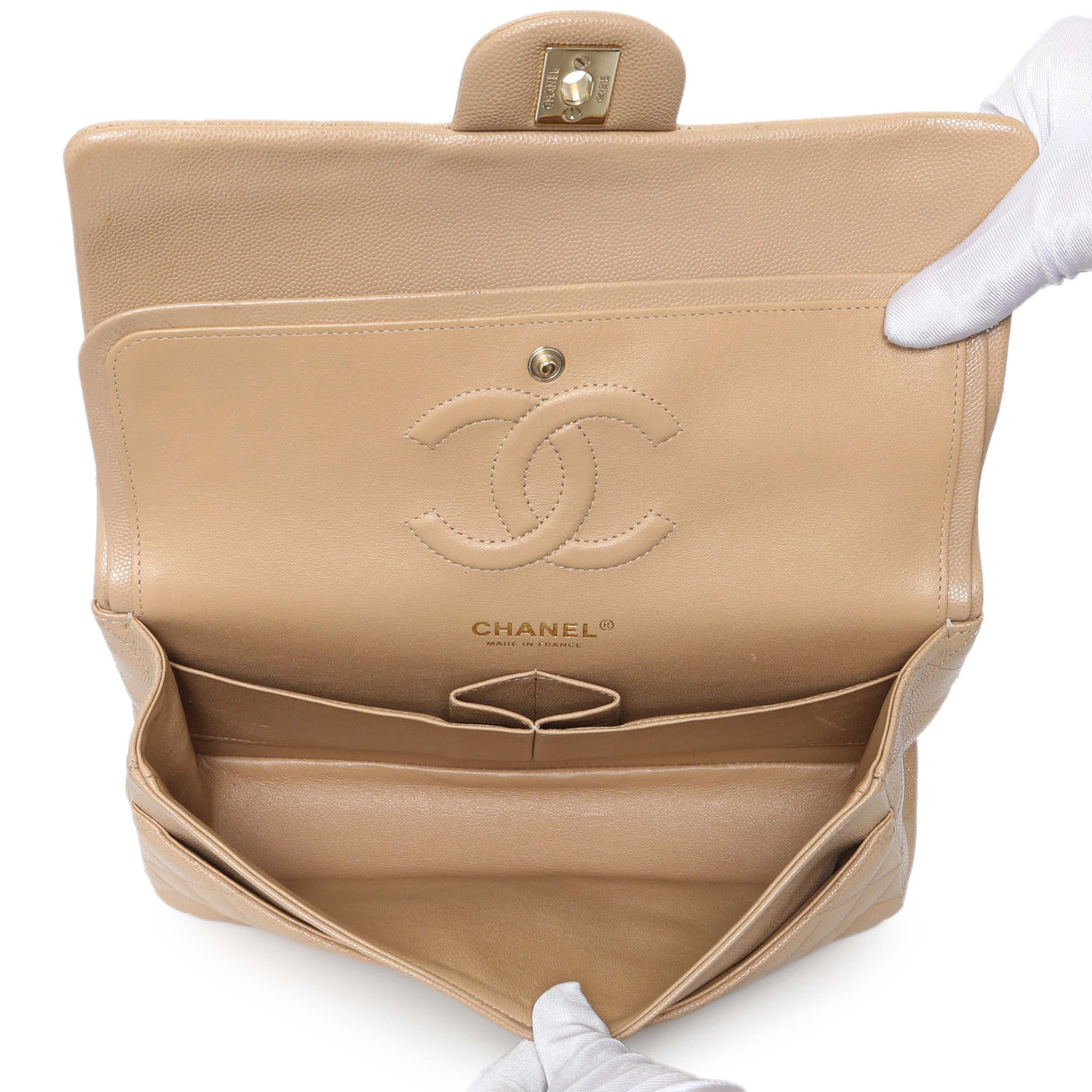 Chanel Beige Quilted Caviar Medium Double Flap Handbags Chanel