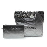 Chanel Black Silver Metallic Shaded Quilted Shiny Calfskin Small Chanel 22 Handbags Chanel