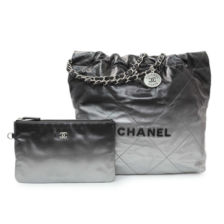 Chanel Black Silver Metallic Shaded Quilted Shiny Calfskin Small Chanel 22 Handbags Chanel