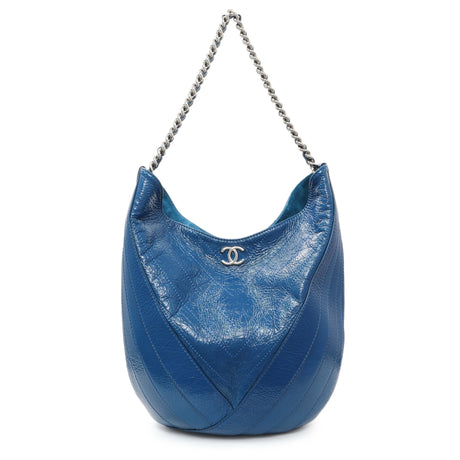 Chanel Blue Crumpled Patent Leather Droplet Hobo Handbags Chanel