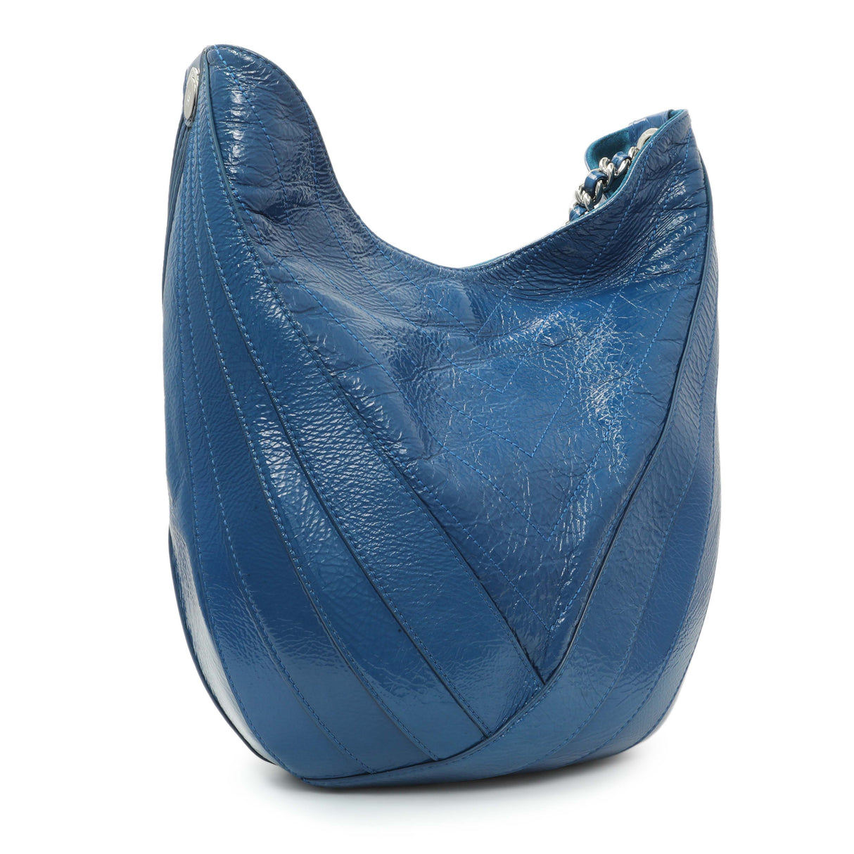 Chanel Blue Crumpled Patent Leather Droplet Hobo Handbags Chanel
