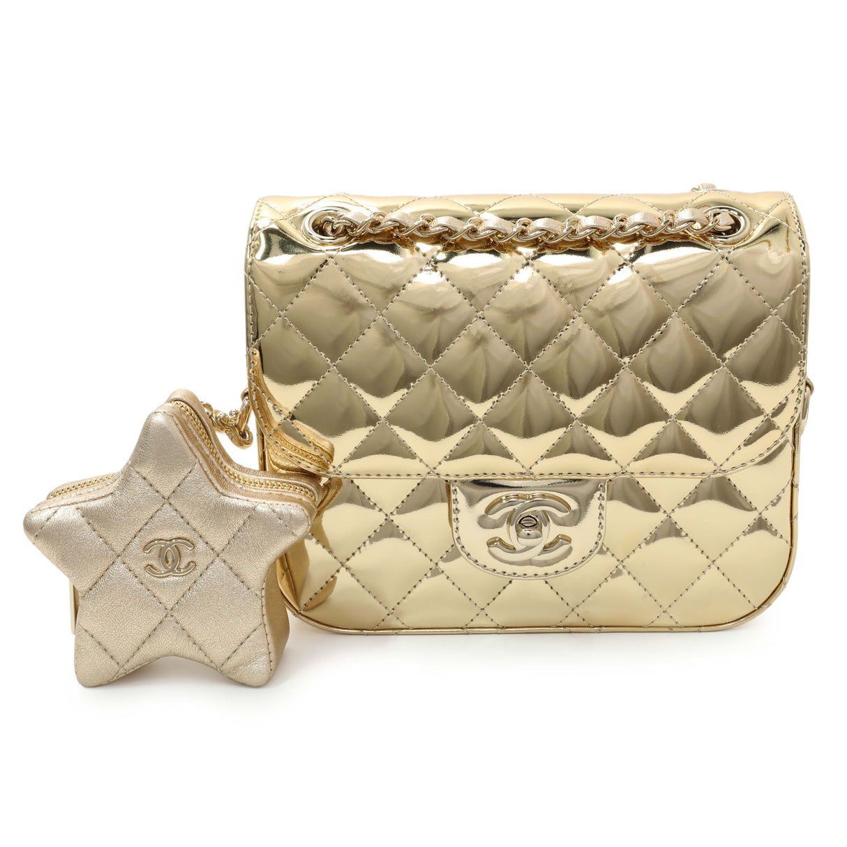 Chanel Gold Mirror Calfskin Quilted Hollywood Boulevard Mini Flap With Star Coin Purse Handbags Chanel