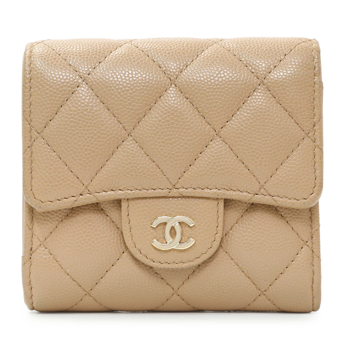 Chanel Beige Quilted Caviar Tri-Fold Wallet Accessories Chanel