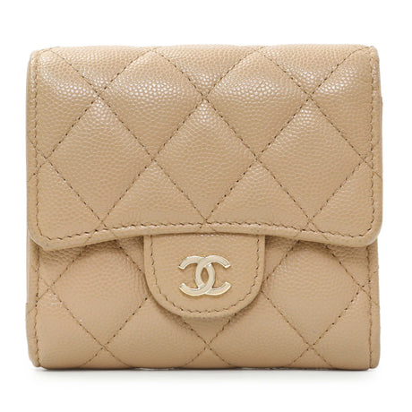 Chanel Beige Quilted Caviar Tri-Fold Wallet Accessories Chanel